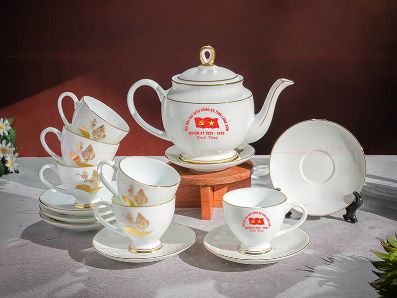 Bộ ấm chén dáng trống in logo