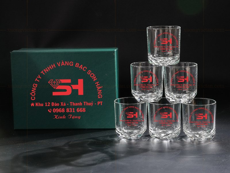 Bộ cốc thủy tinh quà tặng in logo vàng bạc đá quý Sơn Hằng