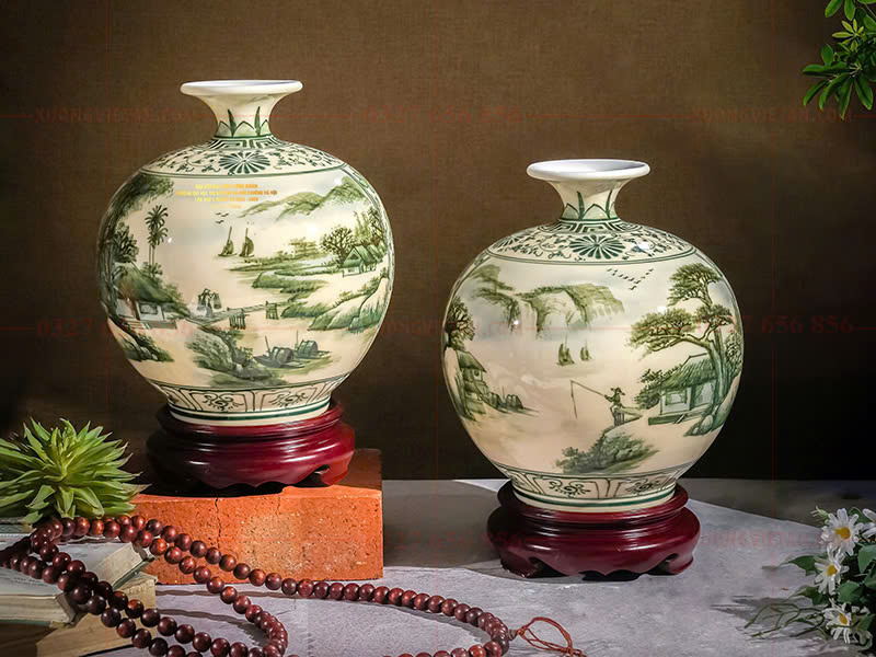 Bình hút tài lộc vẽ cảnh làng quê in logo