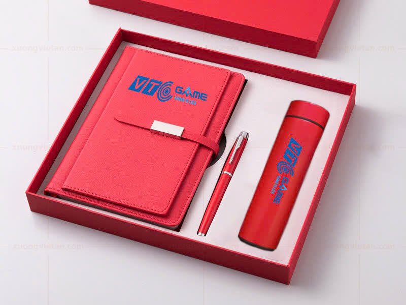 Bộ quà tặng sổ da - bút - bình giữ nhiệt in logo 