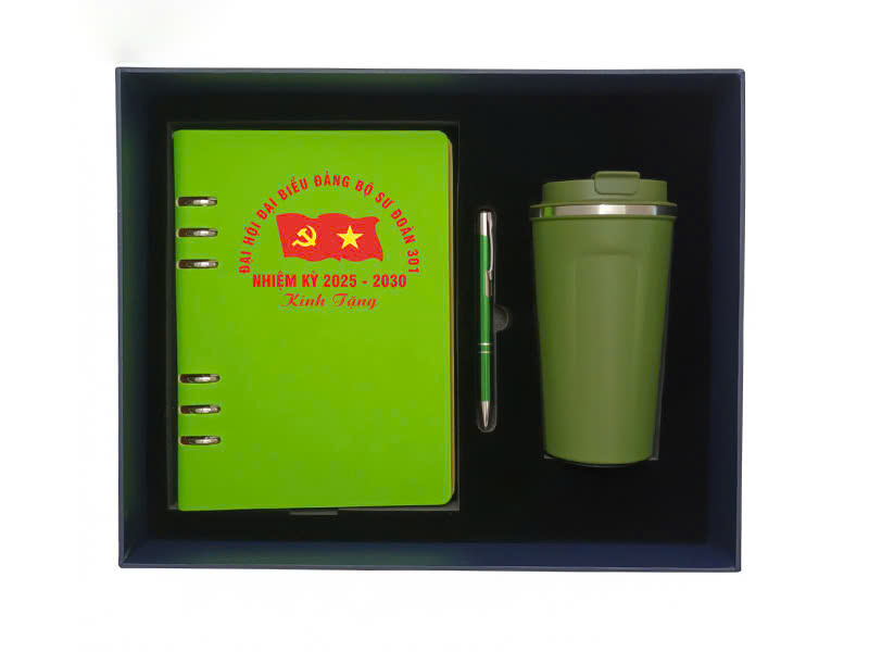 Bộ quà tặng sổ da - bút - bình giữ nhiệt in logo 
