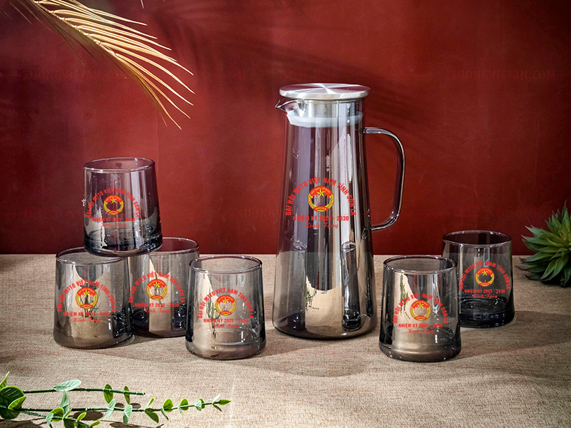 Bộ bình cốc thủy tinh in logo mặt trận tổ quốc