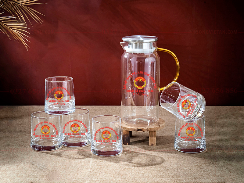 Bộ bình cốc thủy tinh in logo mặt trận tổ quốc