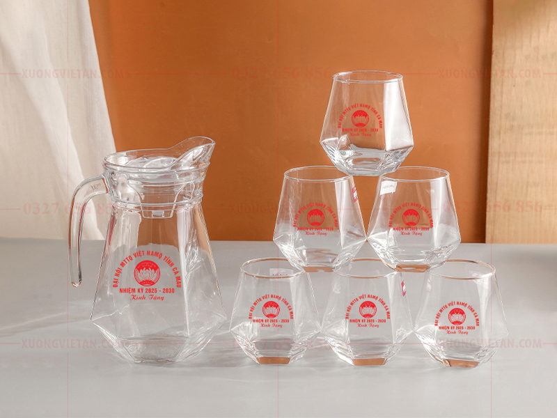 Bộ bình cốc thủy tinh in logo mặt trận tổ quốc