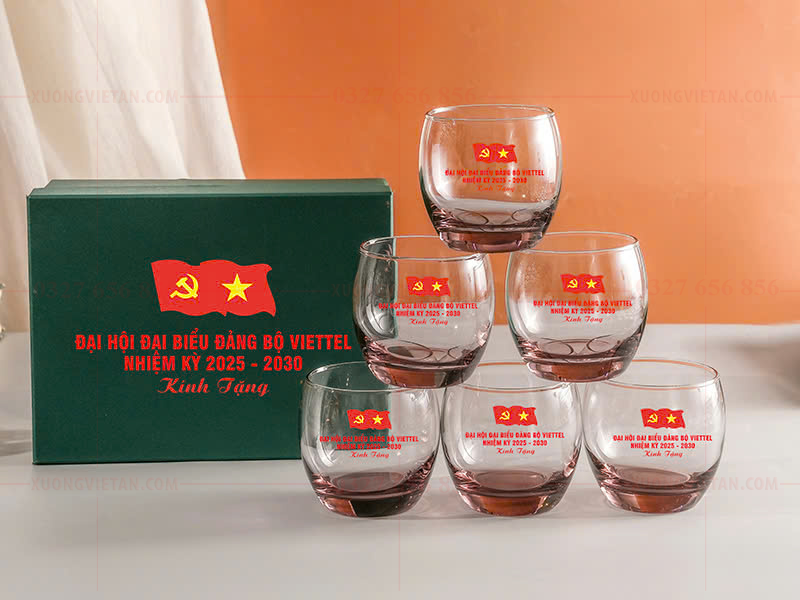 Bộ cốc thủy tinh in logo kỉ niệm làm quà tặng