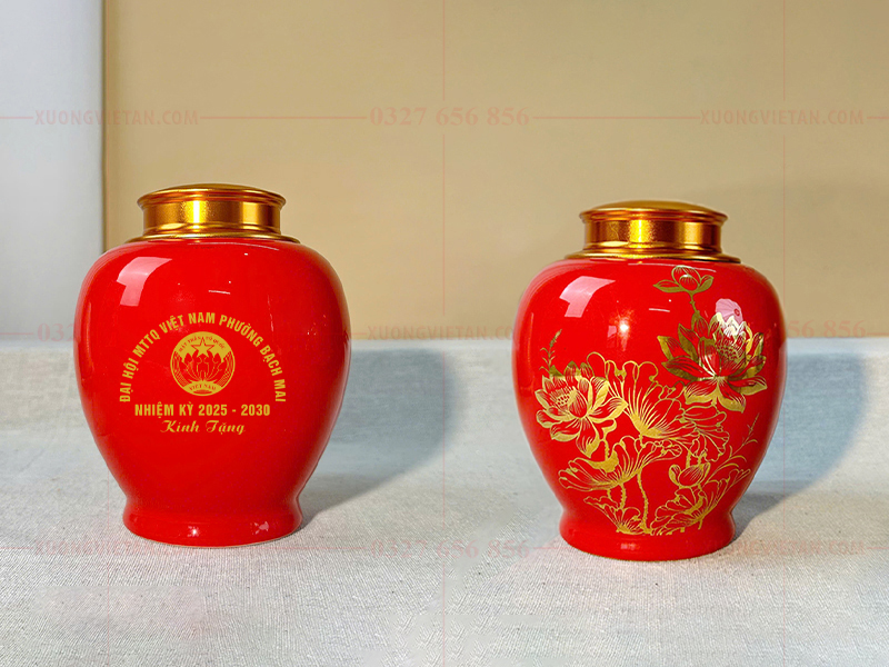Hũ trà in logo mặt trận tổ quốc
