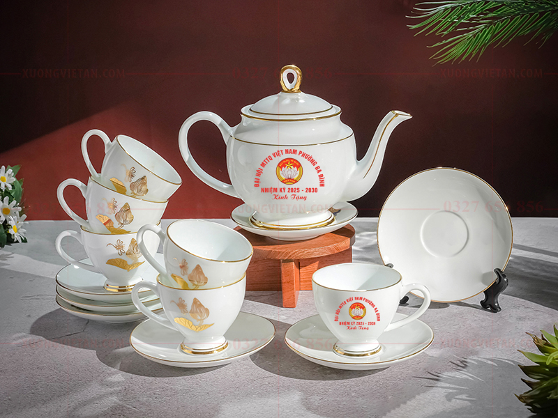 Bộ ấm chén in logo đại hội mặt trận tổ quốc