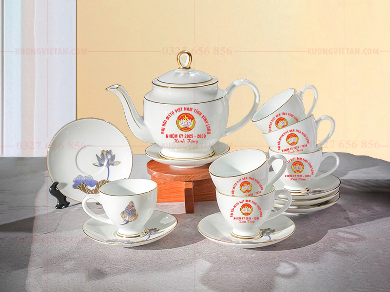 Bộ ấm chén in logo đại hội mặt trận tổ quốc
